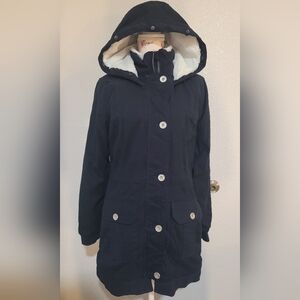 Hollister Navy Hooded Trench Coat with Sherpa Lining